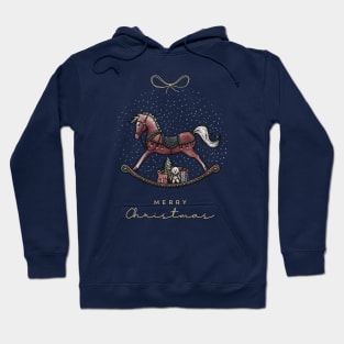 Merry Christmas lettering with Rocking Horse illustration, cute bear, gifts and Christmas tree on a blue snow background. Hoodie